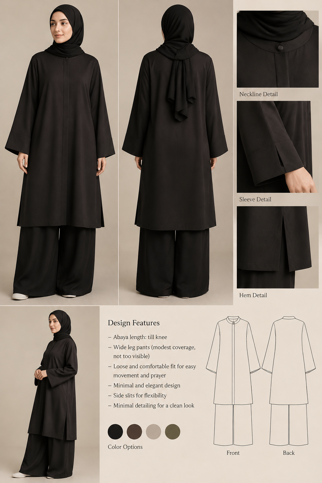 abaya lenght till knee under it large leg pants without showing the pants a lot so it will be easy to pray and not fall
abaya lenght till knee under it large leg pants without showing the pants a lot so it will be easy to pray and not fall