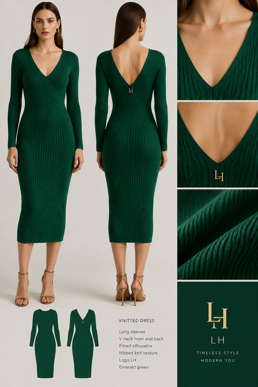 nitted dress with sleevs and V neck front and back with Logo LH, emerald green
nitted dress with sleevs and V neck front and back with Logo LH, emerald green