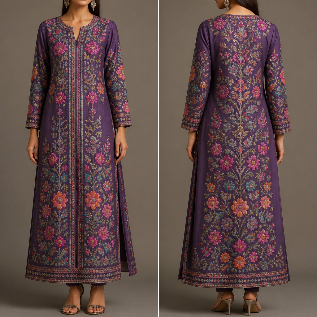 Multi coloured purple base embroidered long lenght kurti
photorealistic fashion design, Multi coloured purple base embroidered long lenght kurti , indian style, just the design no text, show front and back