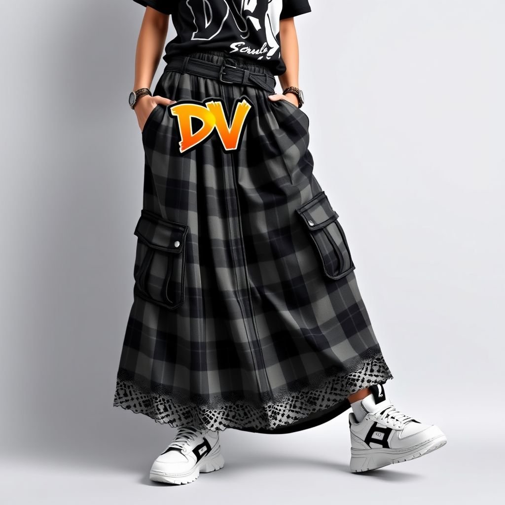 Plaid maxi skirt with pockets and lace , that say “DV” on belt
Design a bold streetwear ensemble featuring a plaid maxi skirt with deep pockets, layered with intricate lace details. The skirt's elastic waistband showcases a striking belt emblazoned with "DV" in oversized graffiti-style letters. Pair it with a graphic oversized tee and chunky sneakers for an edgy urban vibe.