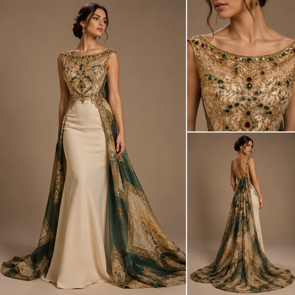 A Dress design. Robe de soire tissu foulard et des pierres precieuses
Le haut est brode avec un fil d or et des pierres precieuses et col bateau du devant et bretelle au dos
Le bas de la robe et serre sans brodre ni pierres precieuses un deuxième pieces de tissu couvre la première elle peut ette du foulard royal. Algeria fashion aesthetics. Present it as professional fashion catalogue photography: the garment is the subject, shown full-length with editorial styling, neutral posing and tasteful, non-suggestive framing.
photorealistic fashion design, A Dress design. Robe de soire tissu foulard et des pierres precieuses
Le haut est brode avec un fil d or et des pierres precieuses et col bateau du devant et bretelle au dos
Le bas de la robe et serre sans brodre ni pierres precieuses un deuxième pieces de tissu couvre la première elle peut ette du foulard royal. Algeria fashion aesthetics. Present it as professional fashion catalogue photography: the garment is the subject, shown full-length with editorial styling, neutral posing and tasteful, non-suggestive framing., just the design no text
