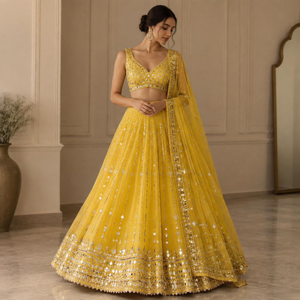 Yellow lehnga with mirror work in gerogette stuff
photorealistic fashion design, Yellow lehnga with mirror work in gerogette stuff, just the design no text