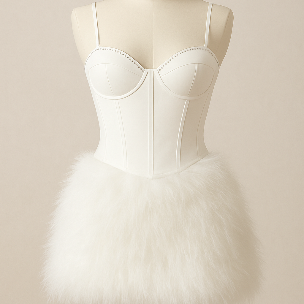 Can you show me a fluffy faux fur mini skirt low rise waist in brown
With a brown long line corset top with two thin straps and cup details tucked in seamlessly to look like a dress also in chocolate brown
Can you make the skirt way fluffier
Can you change the whole thing to white and add small diamantés going around the end of the cups on the top
Can you show me a fluffy faux fur mini skirt low rise waist in brown
With a brown long line corset top with two thin straps and cup details tucked in seamlessly to look like a dress also in chocolate brown
Can you make the skirt way fluffier
Can you change the whole thing to white and add small diamantés going around the end of the cups on the top