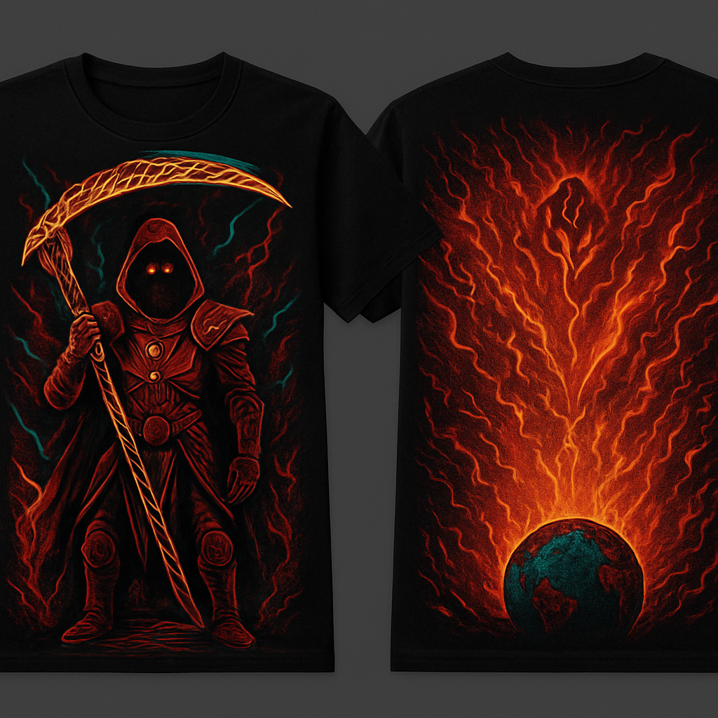 Poppy ancient astronaut reaper in crimson armor on black tee, scythe of twisting DNA strands with popping gold shades, teal-red lightning bursts in fiery gradients, Earth crushed under symbol-stamped boots, red eyes glowing through helmet, full-print apocalyptic flames and runes filling back, sleeves with metallic sheen pops. For a tshirt. Front and back.
Poppy ancient astronaut reaper in crimson armor on black tee, scythe of twisting DNA strands with popping gold shades, teal-red lightning bursts in fiery gradients, Earth crushed under symbol-stamped boots, red eyes glowing through helmet, full-print apocalyptic flames and runes filling back, sleeves with metallic sheen pops. For a tshirt. Front and back. , show front and back