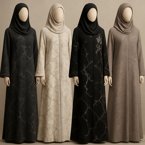 Create a modest chic abaya, the first of its kind, featuring a unique stone design that exudes a classy and sophisticated vibe. I'd like four designs, each showcasing different styles and fabrics. Incorporate high-end, unique chic stone designs to make them truly special. Add little sophisticated stone designsa and some touch of elite flower design.
