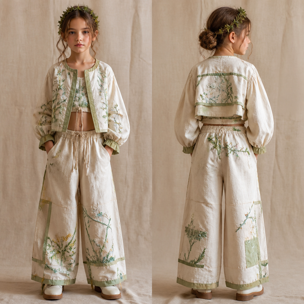 Solarpunk, kids spring
photorealistic fashion design, Solarpunk, kids spring, bohemian style, just the design no text, show front and back