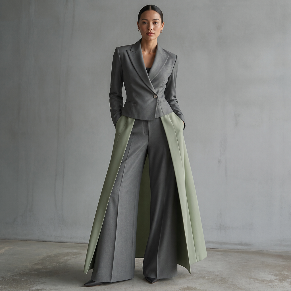 Create a formal suit for women in elegant gray fabric, bottoms is a super wide leg pants with quarter gown not too flowing on both sides in sage color, showing the pants
photorealistic fashion design, Create a formal suit for women in elegant gray fabric, bottoms is a super wide leg pants with quarter gown not too flowing on both sides in sage color, showing the pants
, urban style, just the design no text