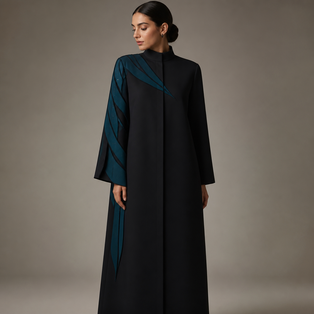 1. أسود + بترولي غامق
Luxury black abaya with the exact same design and silhouette. Replace all the deep burgundy details with a rich dark petrol blue. Keep the same asymmetrical design: the petrol blue detail flows from one shoulder down the outer side of one sleeve, with layered fabric shapes and a subtle dimensional effect. Continue the same design from the shoulder diagonally across only one side of the chest. Add a few tiny sparkling crystals delicately within the petrol blue design. Keep the opposite sleeve and chest completely black. Matte black fabric, straight elegant silhouette, modern feminine couture style. Not a dress, not a gown, not flared. No gold, no lace, no heavy embroidery. Only matte black and dark petrol blue.
photorealistic fashion design, 1. أسود + بترولي غامق
Luxury black abaya with the exact same design and silhouette. Replace all the deep burgundy details with a rich dark petrol blue. Keep the same asymmetrical design: the petrol blue detail flows from one shoulder down the outer side of one sleeve, with layered fabric shapes and a subtle dimensional effect. Continue the same design from the shoulder diagonally across only one side of the chest. Add a few tiny sparkling crystals delicately within the petrol blue design. Keep the opposite sleeve and chest completely black. Matte black fabric, straight elegant silhouette, modern feminine couture style. Not a dress, not a gown, not flared. No gold, no lace, no heavy embroidery. Only matte black and dark petrol blue., just the design no text