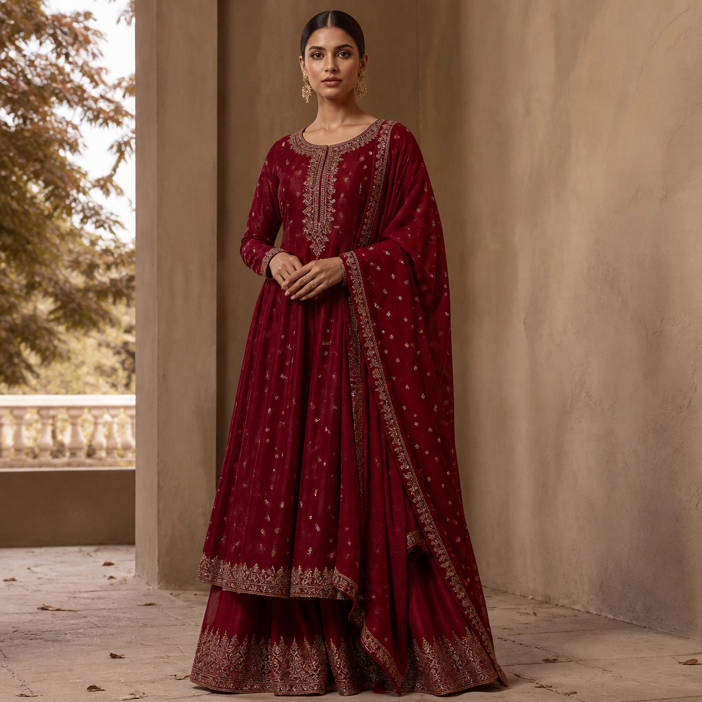 A Female Dress design, suitable for Fall. Consider Indian fashion aesthetics — consider saree, lehenga, salwar kameez, kurti, anarkali; local fabrics like chanderi, banarasi, chikankari, block prints; vibrant colors and rich embroidery. Current season is Autumn in India. Present it as professional fashion catalogue photography: the garment is the subject, shown full-length with editorial styling, neutral posing and tasteful, non-suggestive framing.
photorealistic fashion design, A Female Dress design, suitable for Fall. Consider Indian fashion aesthetics — consider saree, lehenga, salwar kameez, kurti, anarkali; local fabrics like chanderi, banarasi, chikankari, block prints; vibrant colors and rich embroidery. Current season is Autumn in India. Present it as professional fashion catalogue photography: the garment is the subject, shown full-length with editorial styling, neutral posing and tasteful, non-suggestive framing., just the design no text