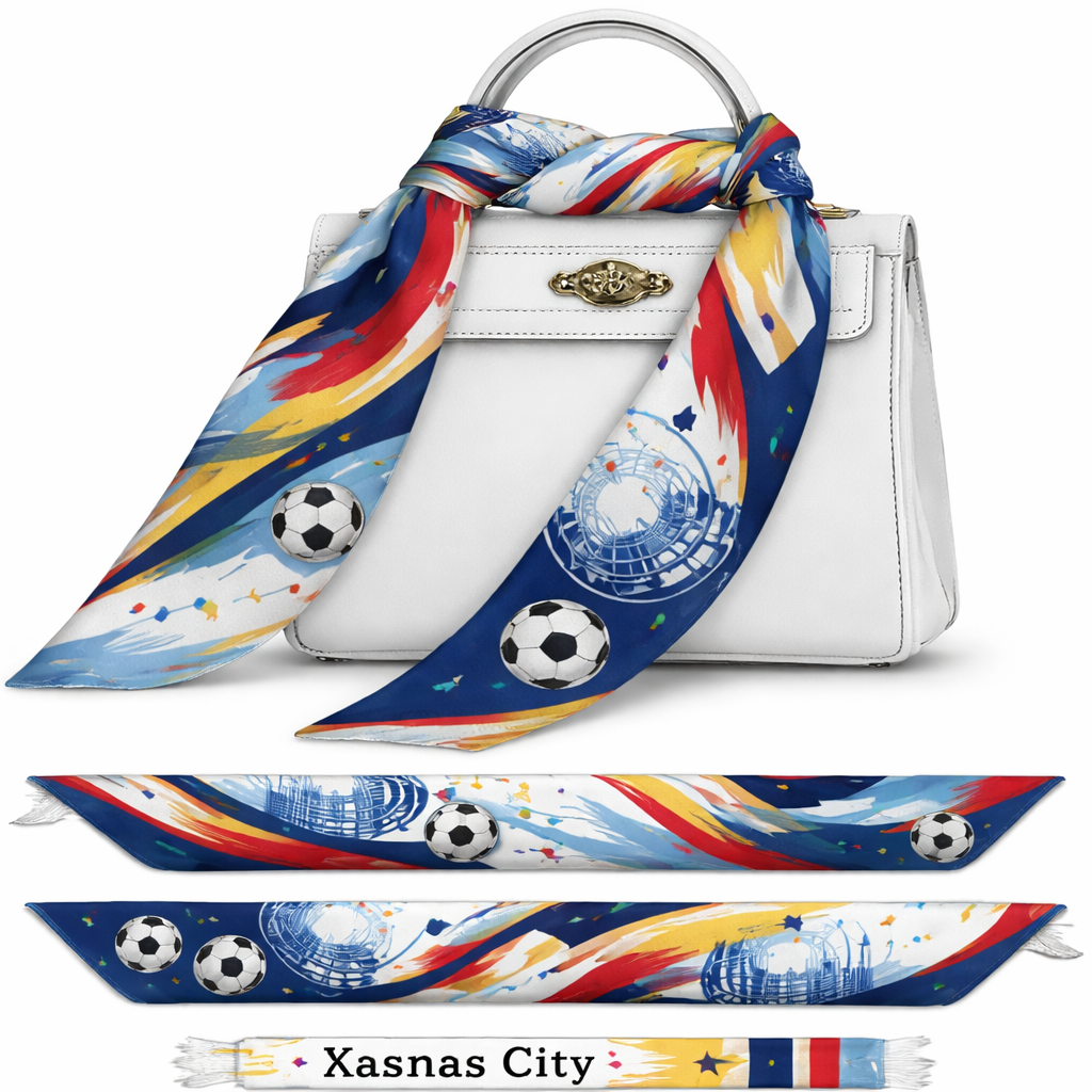 Design a silk scarf that is 5x 86cm to be a host city scarf for the World Cup 2026 for Kansas City MO. No words or logos but simple but abstract and tailored . Now element of celebration of being on the world stage. A lot more simple. Keep the colors scheme but make sure it looks good when it’s wrapped around the top handle of an Hermes style Kelly bag but same colors as before put soccer balls closer to the tail
Design a silk scarf that is 5x 86cm to be a host city scarf for the World Cup 2026 for Kansas City MO. No words or logos but simple but abstract and tailored . Now element of celebration of being on the world stage. A lot more simple. Keep the colors scheme but make sure it looks good when it’s wrapped around the top handle of an Hermes style Kelly bag but same colors as before put soccer balls closer to the tail, classic style, show front and back