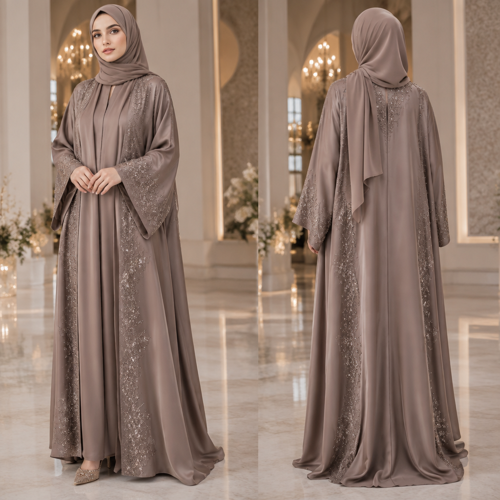 A Abaya design, made of Silk, with a soft, cosy hand, with an Oversized silhouette, with modest, full coverage: longer hemlines, higher necklines and covered shoulders, in a Muted & Dusty color palette, for Wedding, suitable for Winter, suited to a Humid climate, in Glamorous style, shown on a model with light skin and a petite figure. IQ fashion aesthetics. Present it as professional fashion catalogue photography: the garment is the subject, shown full-length with editorial styling, neutral posing and tasteful, non-suggestive framing.
photorealistic fashion design, A Abaya design, made of Silk, with a soft, cosy hand, with an Oversized silhouette, with modest, full coverage: longer hemlines, higher necklines and covered shoulders, in a Muted & Dusty color palette, for Wedding, suitable for Winter, suited to a Humid climate, in Glamorous style, shown on a model with light skin and a petite figure. IQ fashion aesthetics. Present it as professional fashion catalogue photography: the garment is the subject, shown full-length with editorial styling, neutral posing and tasteful, non-suggestive framing., glamorous style, just the design no text, show front and back