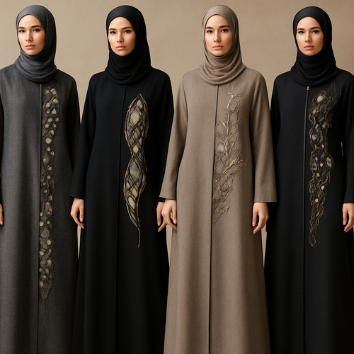 Create a modest abaya that's the first of its kind, featuring a unique stone design that exudes a classy and sophisticated vibe. I'd like four designs, each showcasing different styles and fabrics.
Incorporate high-end, unique chic stone designs to make them truly special. Add a little sophisticated stone work to it.