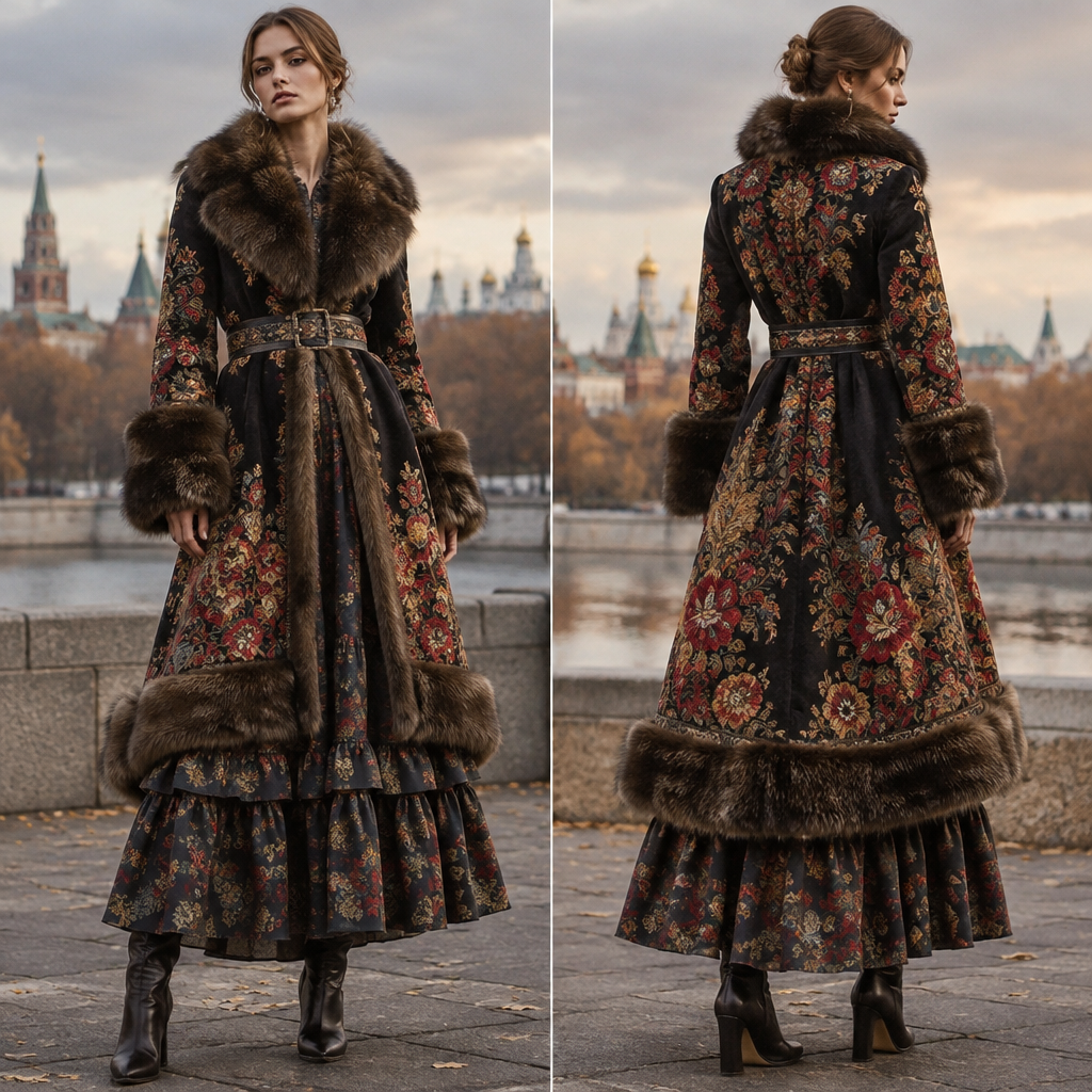 A Female Dress design, suitable for Fall. Consider Russian fashion — fur and layering traditions, bold patterns, mix of European elegance and Slavic folk motifs. Current season is Autumn in Russia. Present it as professional fashion catalogue photography: the garment is the subject, shown full-length with editorial styling, neutral posing and tasteful, non-suggestive framing.
photorealistic fashion design, A Female Dress design, suitable for Fall. Consider Russian fashion — fur and layering traditions, bold patterns, mix of European elegance and Slavic folk motifs. Current season is Autumn in Russia. Present it as professional fashion catalogue photography: the garment is the subject, shown full-length with editorial styling, neutral posing and tasteful, non-suggestive framing., just the design no text