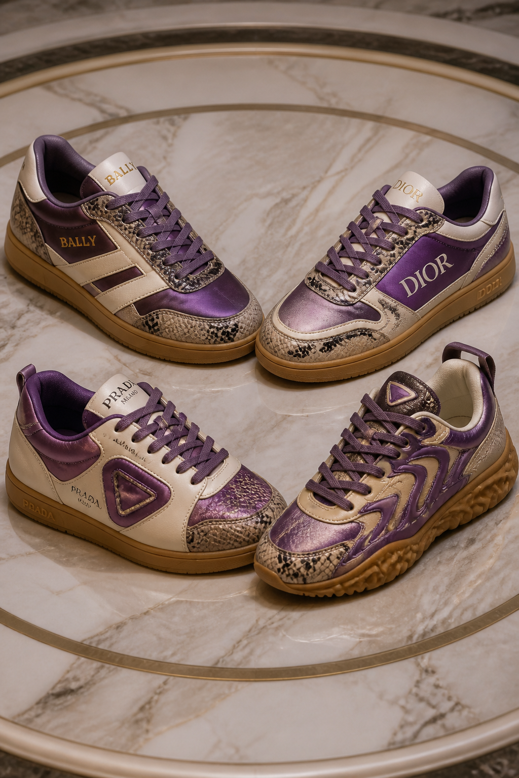 Make a silk satin leather snakeskin toe box color blocking purple cream purple sneaker with gum sole luxury show 4 sneakers in a circle Bally Dior Prada designer canvas uniquely shaped different unseen designer luxury Bally Dior Prada top luxury brands pricey
Multiple pairs in a circle
Make a silk satin leather snakeskin toe box color blocking purple cream purple sneaker with gum sole luxury show 4 sneakers in a circle Bally Dior Prada designer canvas uniquely shaped different unseen designer luxury Bally Dior Prada top luxury brands pricey
Multiple pairs in a circle