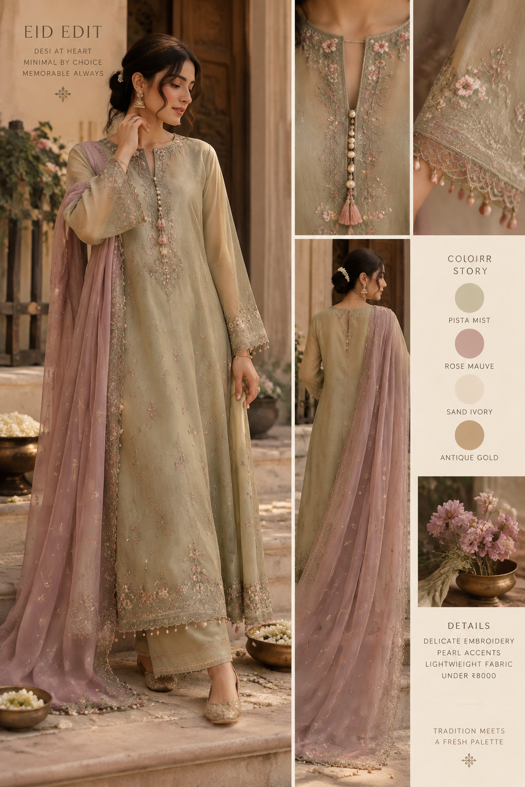 I just want to create something elegant luxurious and desi looking dress under 8000 make one for me with some unique colour combination something unique which is not there in the market i want an eid dress people dont wear heavy rid outfit so mininal and pestal shade you choose for it it should look desi core vibes chatpati outfit
I just want to create something elegant luxurious and desi looking dress under 8000 make one for me with some unique colour combination something unique which is not there in the market i want an eid dress people dont wear heavy rid outfit so mininal and pestal shade you choose for it it should look desi core vibes chatpati outfit