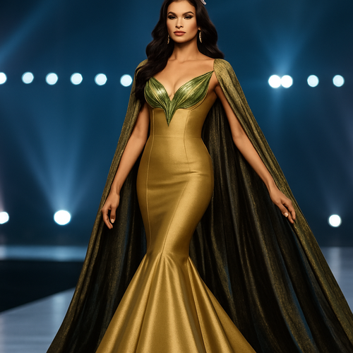 Design a luxurious mermaid-style evening gown for a beauty queen on stage. The dress is mostly matte gold with shiny light green details on the bust shaped like pointed leaves. Add a long gold cape with black, gray, and green reflections, metallic gray shimmer. Show the model full body, with elegant posture, long hair, and glamorous pageant makeup. The background must look like an international stage with lights and runway, high-quality fashion photography lighting.”
