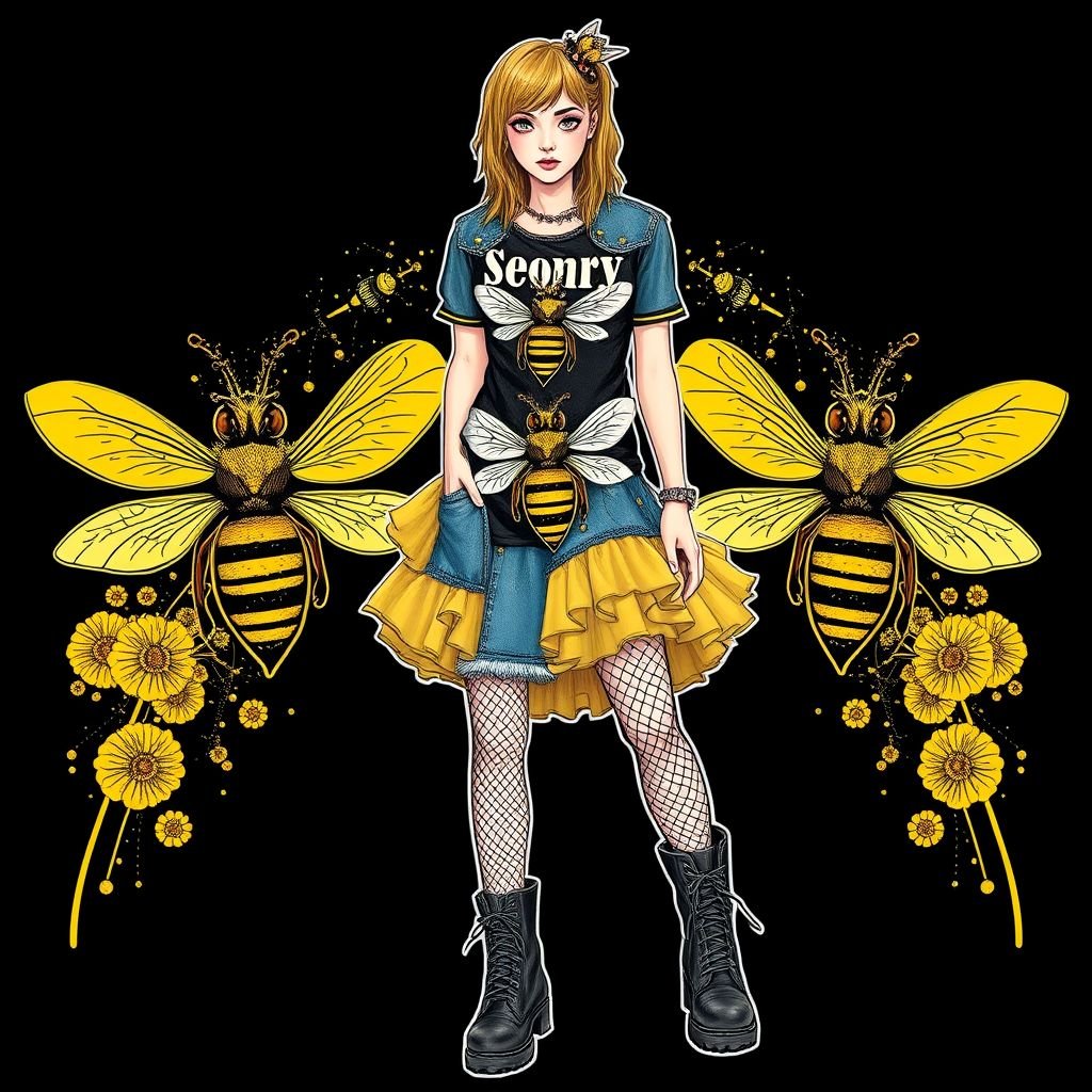 A honey bee & honey comb themed spring day dress.
Design a punk-inspired spring day dress featuring a honey bee and honeycomb theme. Incorporate edgy elements like distressed denim patches adorned with metallic studs and spikes alongside vibrant honey-yellow tulle ruffles. Use graphic prints of bees with bold, rebellious slogans on a black background, finished with chunky combat boots and fishnet tights.
