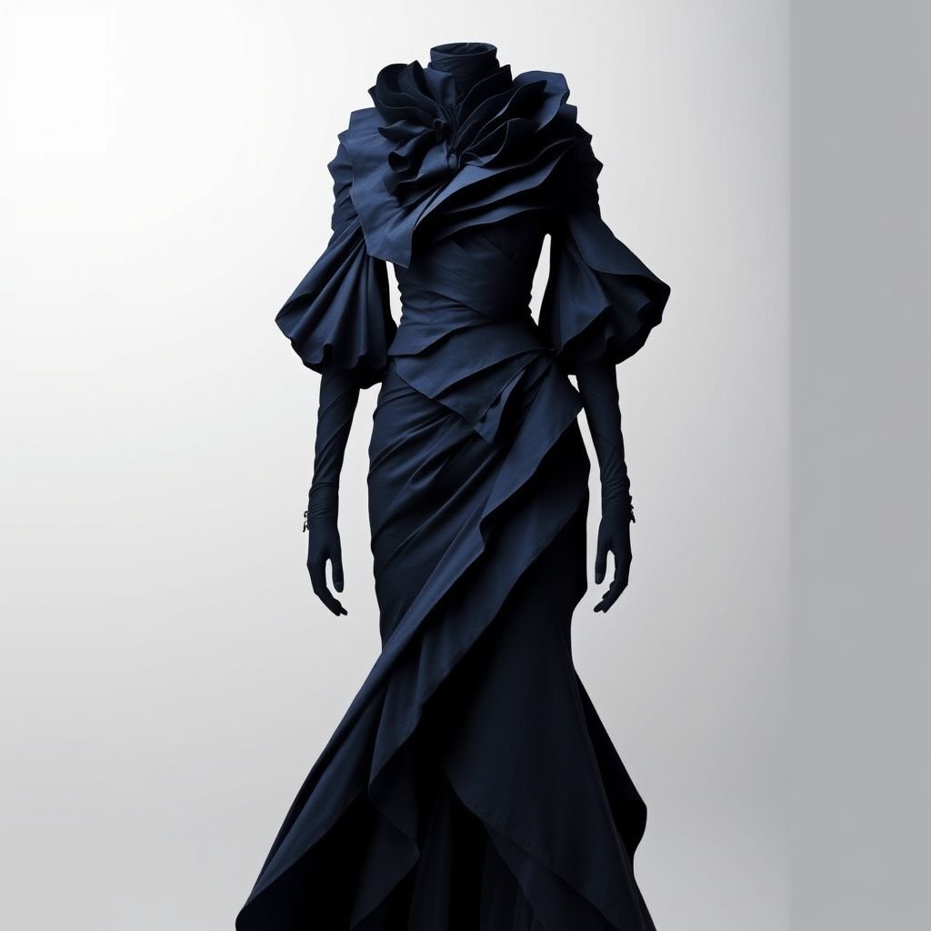 Fancy, Different cuts, but layered dress. Blue
Design a striking layered dress inspired by Alexander McQueen's avant-garde style, featuring an interplay of bold, asymmetrical cuts and intricate fabric manipulation. Envision a rich, deep blue palette that transitions through varying textures, adding a touch of drama and elegance. Incorporate unexpected elements like sculptural collars and exaggerated sleeves for a breathtaking silhouette.