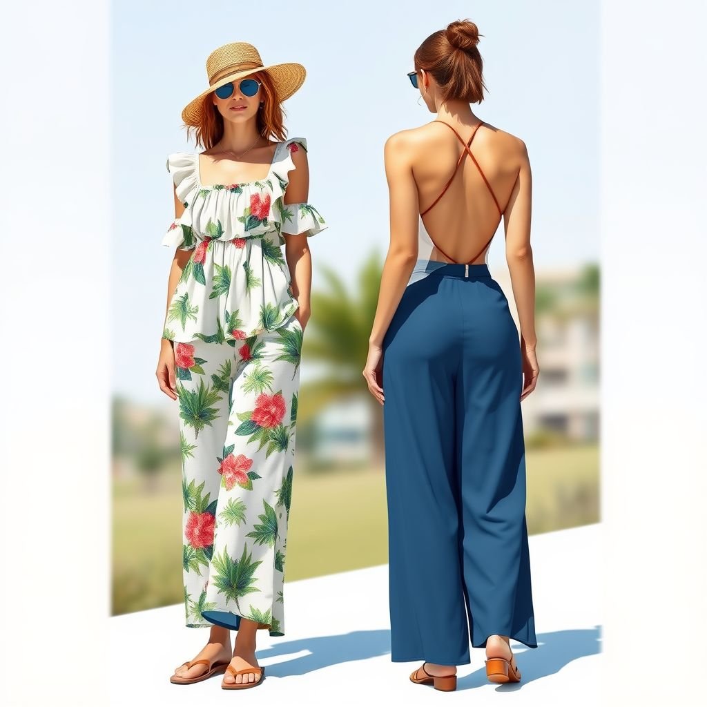 top resort and bottom front and back style Zimmerman
Design a relaxed, casual ensemble inspired by Zimmerman's aesthetic. Create a flowing, soft cotton top with playful ruffles and a tropical print, paired with high-waisted, wide-leg culottes blending comfort and style. Ensure the back has a stylish cut-out detail, embodying effortless chic, perfect for a sunny resort day.