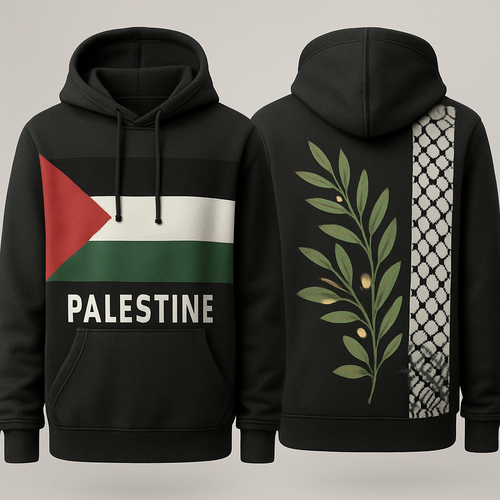 Palestinian hoodie with the flag and olive street with a kuffieya
