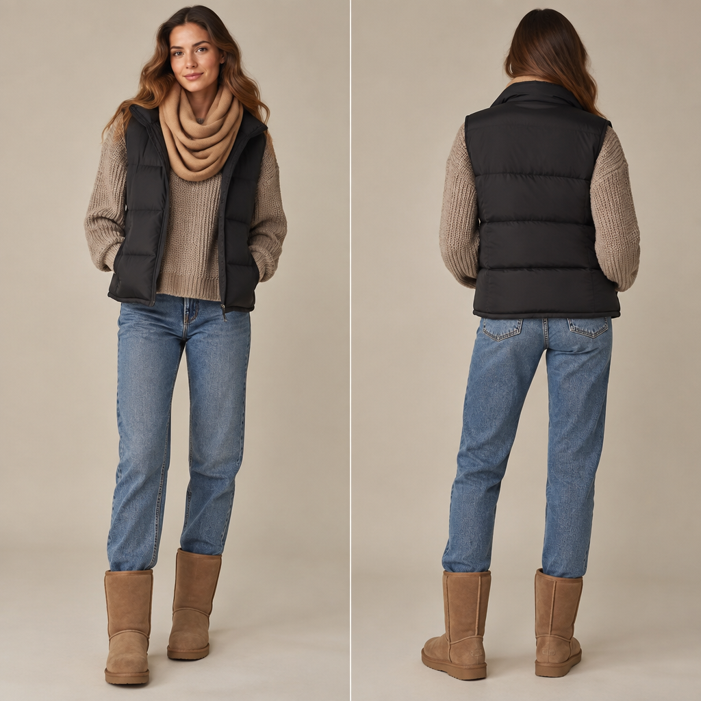 An American woman with brown hair wears a dark beige chunky knit sweater with mid wash straight leg blue jeans and a black puffer vest with Classic Long Ugg boots and a camel infinity scarf
photorealistic fashion design, An American woman with brown hair wears a dark beige chunky knit sweater with mid wash straight leg blue jeans and a black puffer vest with Classic Long Ugg boots and a camel infinity scarf , light_academia style, just the design no text, show front and back