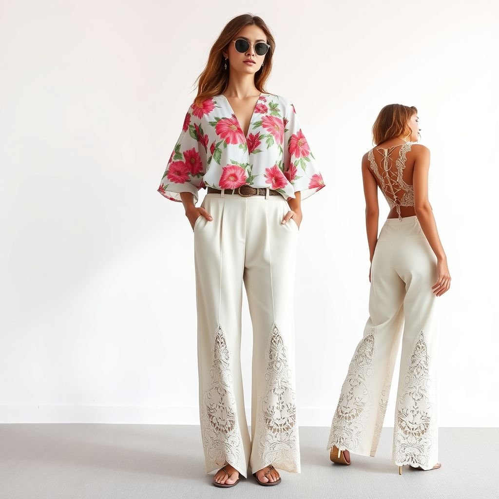 top resort and bottom front and back style Zimmerman
Design a casual resort wear ensemble featuring a flowy, oversized top with vibrant floral prints, reminiscent of Zimmermann's aesthetic. Pair it with wide-leg, high-waisted trousers that sport intricate lace details on both front and back. Incorporate breathable fabrics and a laid-back silhouette, ideal for sunny beachside strolls and relaxed afternoons.