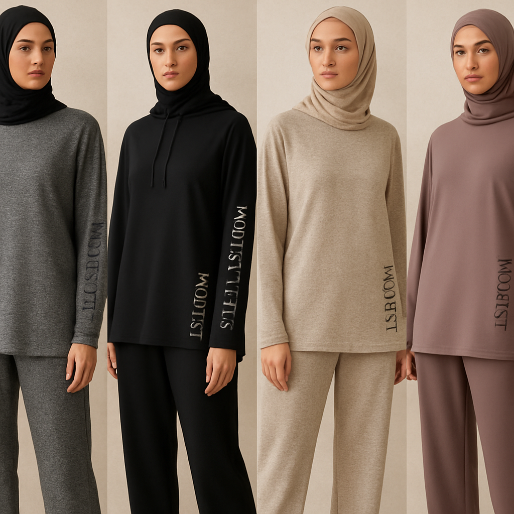 Create a revolutionary women’s modest loose gym wear brand called “Modest Fleur”. Display the brand name on the garments in a unique design on the side, exuding a classy and sophisticated vibe. I’d like four designs, each showcasing different styles and fabrics, with high-end, unique chic stone designs to make them truly special.
Create a revolutionary women’s modest loose gym wear brand called “Modest Fleur”. Display the brand name on the garments in a unique design on the side, exuding a classy and sophisticated vibe. I’d like four designs, each showcasing different styles and fabrics, with high-end, unique chic stone designs to make them truly special.