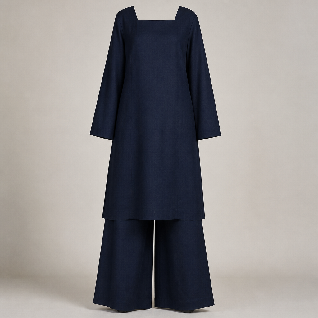 A Female Dress design. long straight shirt 40 inch full selvees square neck dark blue pallazo terouser plain linen fabric
draw only dress not women. Pakistan fashion aesthetics.
photorealistic fashion design, A Female Dress design. long straight shirt 40 inch full selvees square neck dark blue pallazo terouser plain linen fabric
draw only dress not women. Pakistan fashion aesthetics., just the design no text