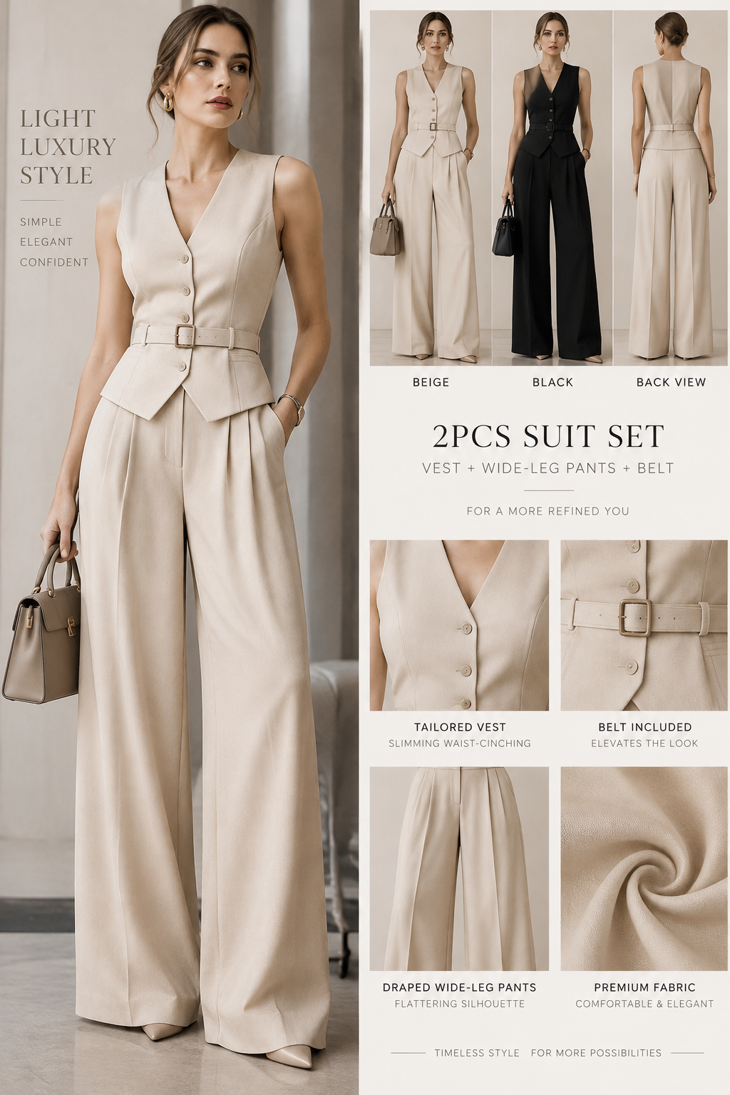 ight Luxury Style Sleeveless 2pcs Suit Set: Slimming Waist-cinching Vest + Draped Wide-leg Pants for Formal Wear, Belt Included
ight Luxury Style Sleeveless 2pcs Suit Set: Slimming Waist-cinching Vest + Draped Wide-leg Pants for Formal Wear, Belt Included