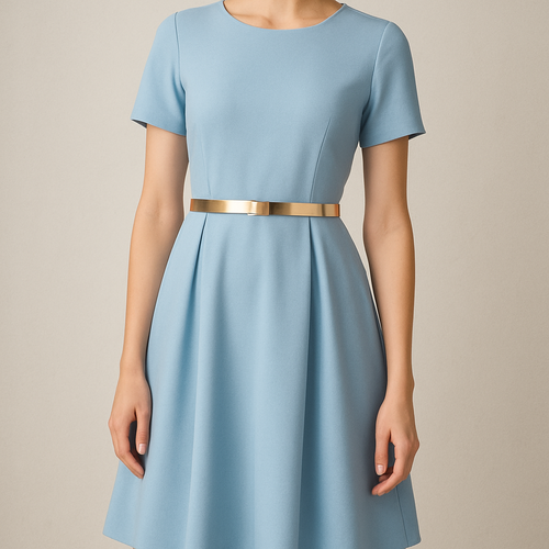 At the knee lite blue dress snacked with gold belt 