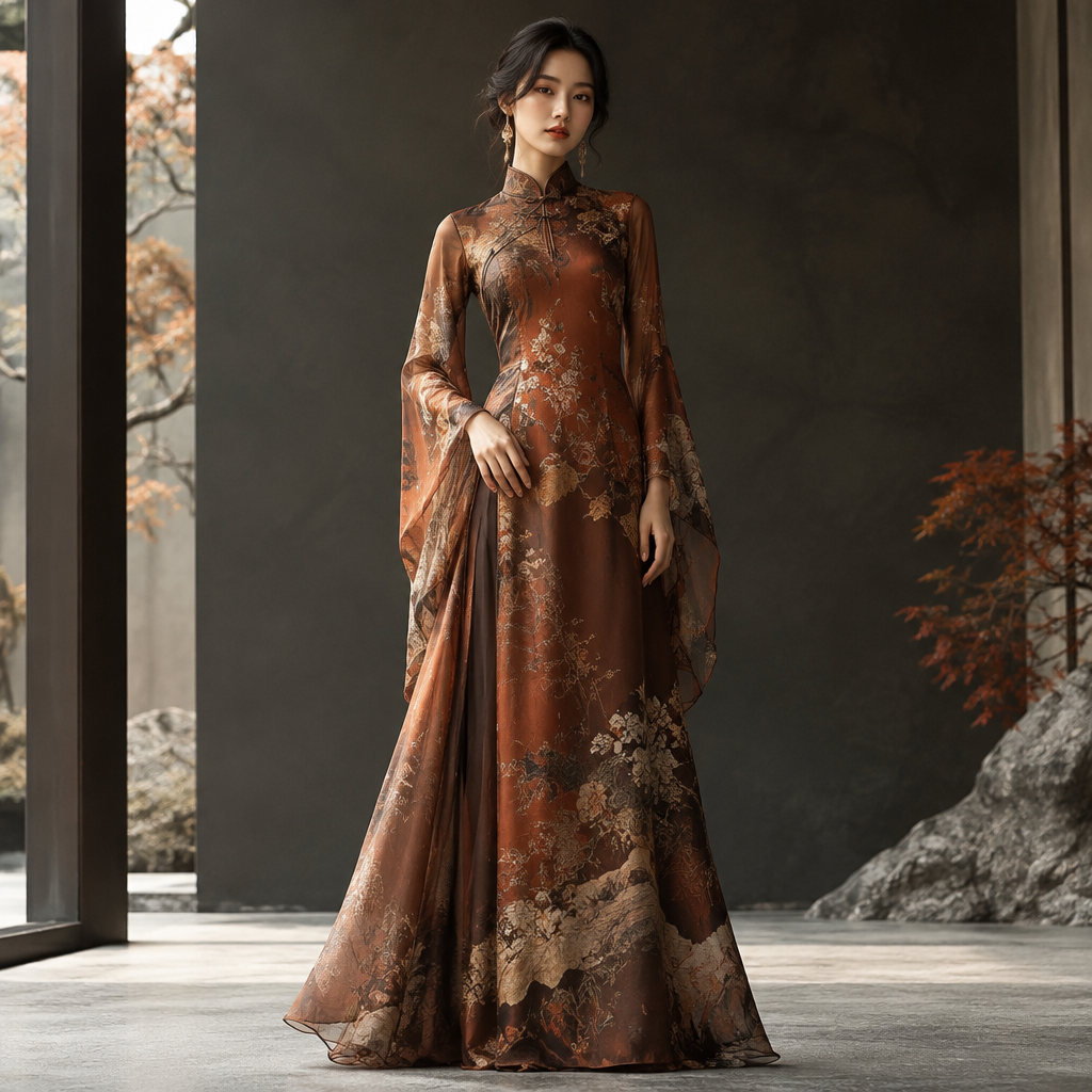 A Dress design, suitable for Fall. Consider Chinese fashion — qipao/cheongsam influences, Hanfu revival, modern Chinoiserie, silk and brocade traditions. Current season is Autumn in China. Present it as professional fashion catalogue photography: the garment is the subject, shown full-length with editorial styling, neutral posing and tasteful, non-suggestive framing.
photorealistic fashion design, A Dress design, suitable for Fall. Consider Chinese fashion — qipao/cheongsam influences, Hanfu revival, modern Chinoiserie, silk and brocade traditions. Current season is Autumn in China. Present it as professional fashion catalogue photography: the garment is the subject, shown full-length with editorial styling, neutral posing and tasteful, non-suggestive framing., just the design no text