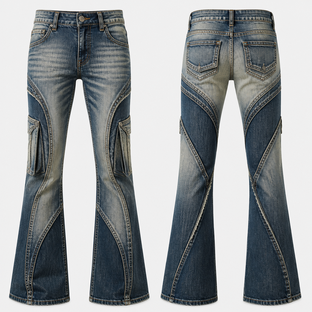 Denim jeans
photorealistic fashion design, Denim jeans
, denim style, just the design no text, show front and back
