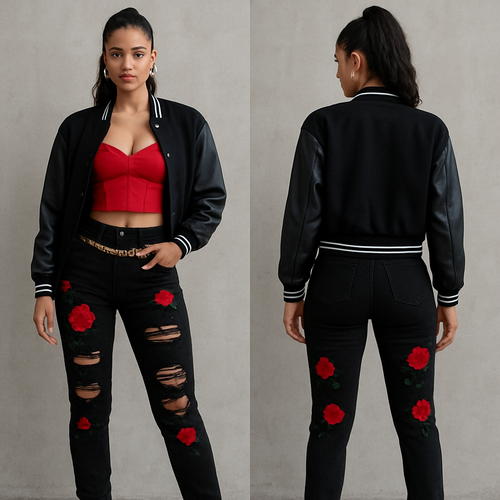 Red holster top black ripped jeans with red flowers on them black lettersman jacket boot heels gold earrings bracelet and rings gold chain on the pants 