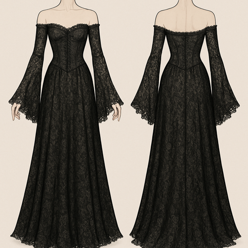 A black lace dress, corset top with off the shoulder long sleeves covering the hands as they flare out at the ends, the skirt part flows down to the feet.