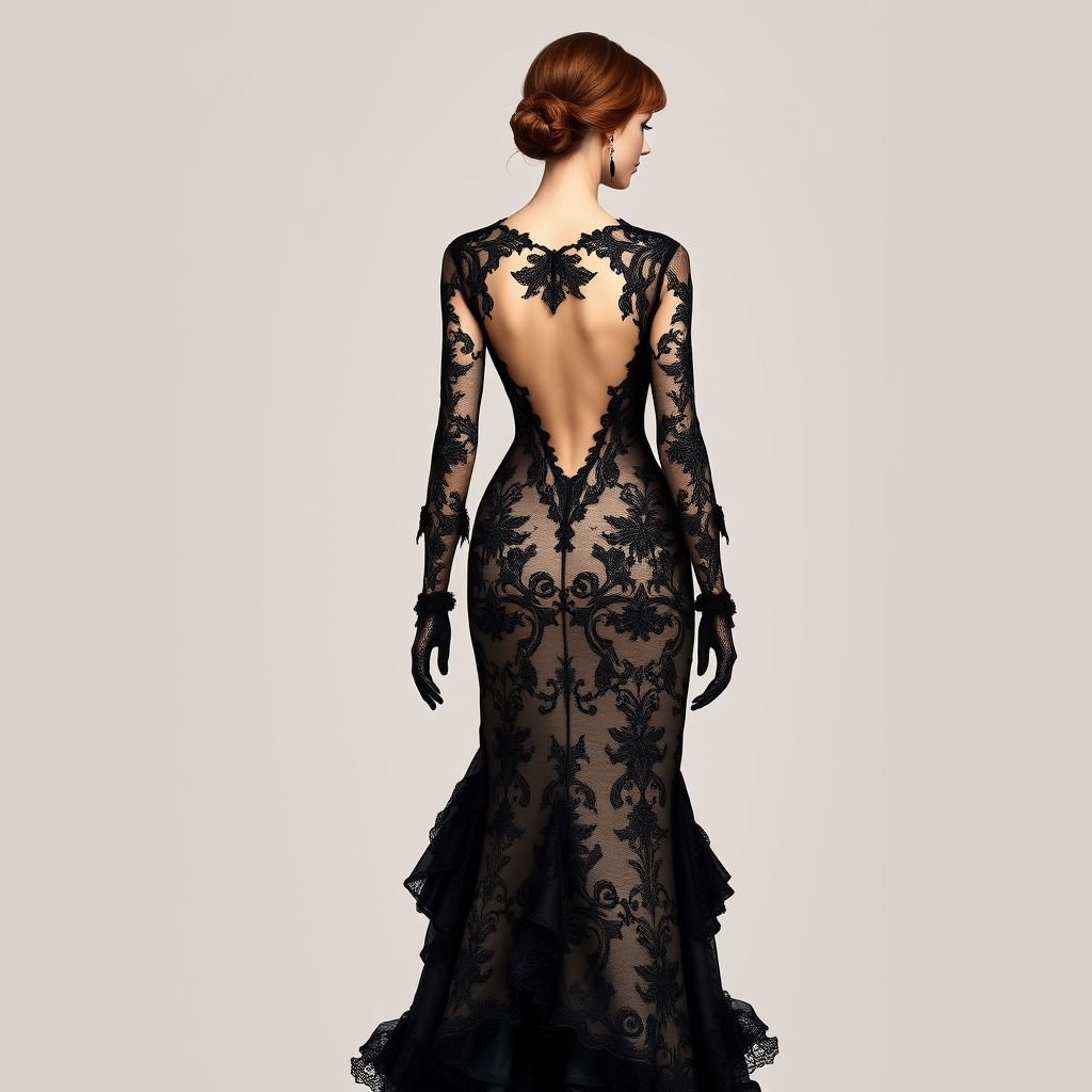 long and revealing lace black dress with lace gloves
Create a captivating gothic-inspired fashion design featuring a long, revealing black lace gown. The dress should have intricate floral patterns, cascading ruffles along the hem, and a dramatic deep V-back. Pair it with delicate lace gloves that extend to the elbow, adding an air of elegance and mystery to the ensemble.