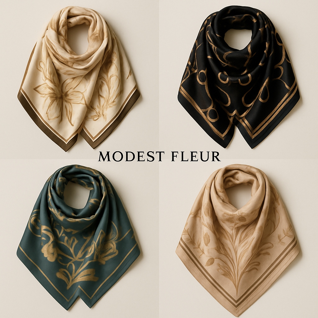 Create me different designs of scarves first In the world by making them unique and chic sophisticated for my brand “Modest Fleur 

Create me different designs of scarves first In the world by making them unique and chic sophisticated for my brand “Modest Fleur 