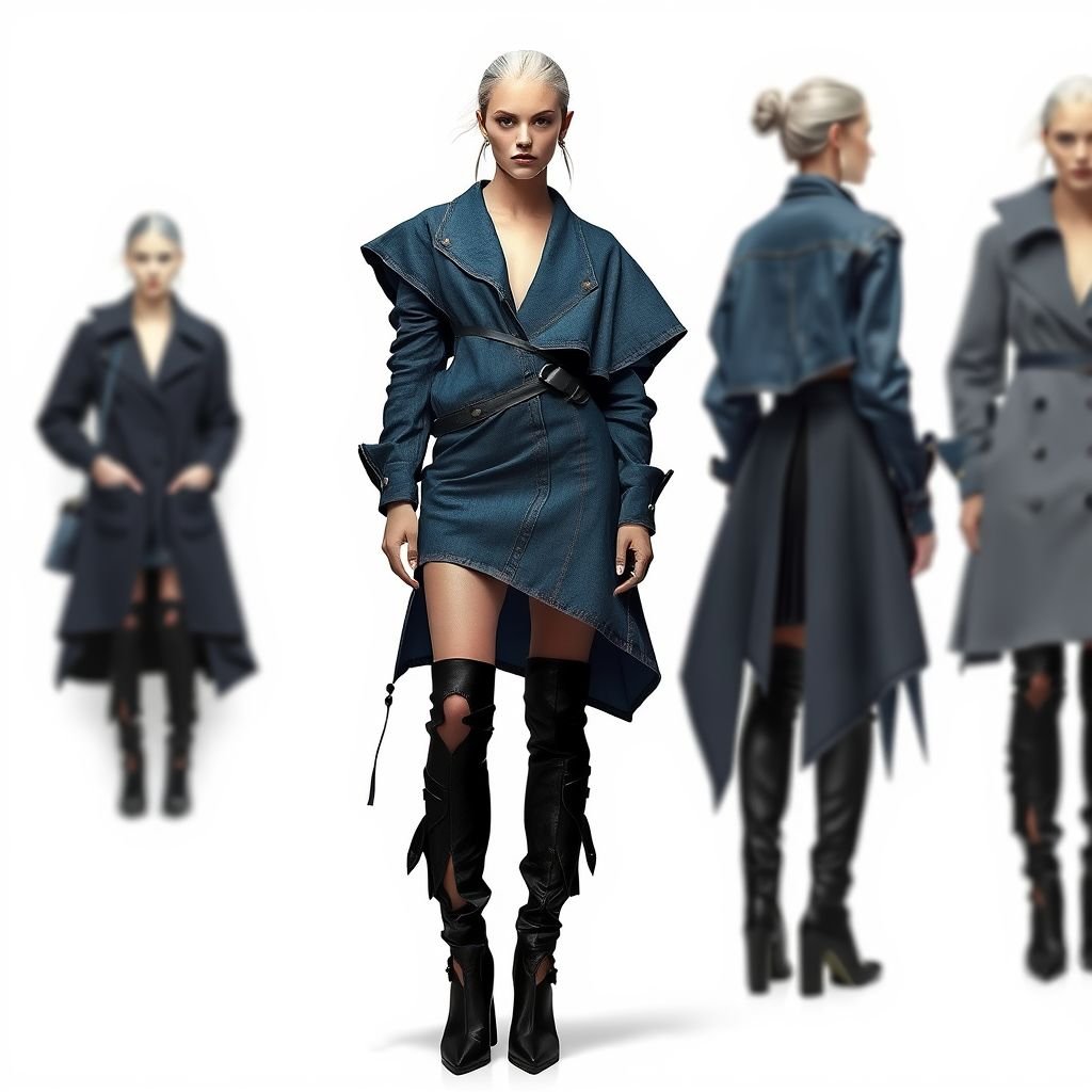 Denim with a short skirt, asymmetrical top, knee high boots and a flare
Envision an avant-garde collection featuring a deconstructed denim ensemble: a sculptural short skirt paired with an asymmetrical top that drapes dramatically. The outfit is completed with bold, knee-high boots adorned with unique cutouts. Accentuate this striking look with exaggerated flares, integrating unexpected textures and layers for a truly avant-garde statement.