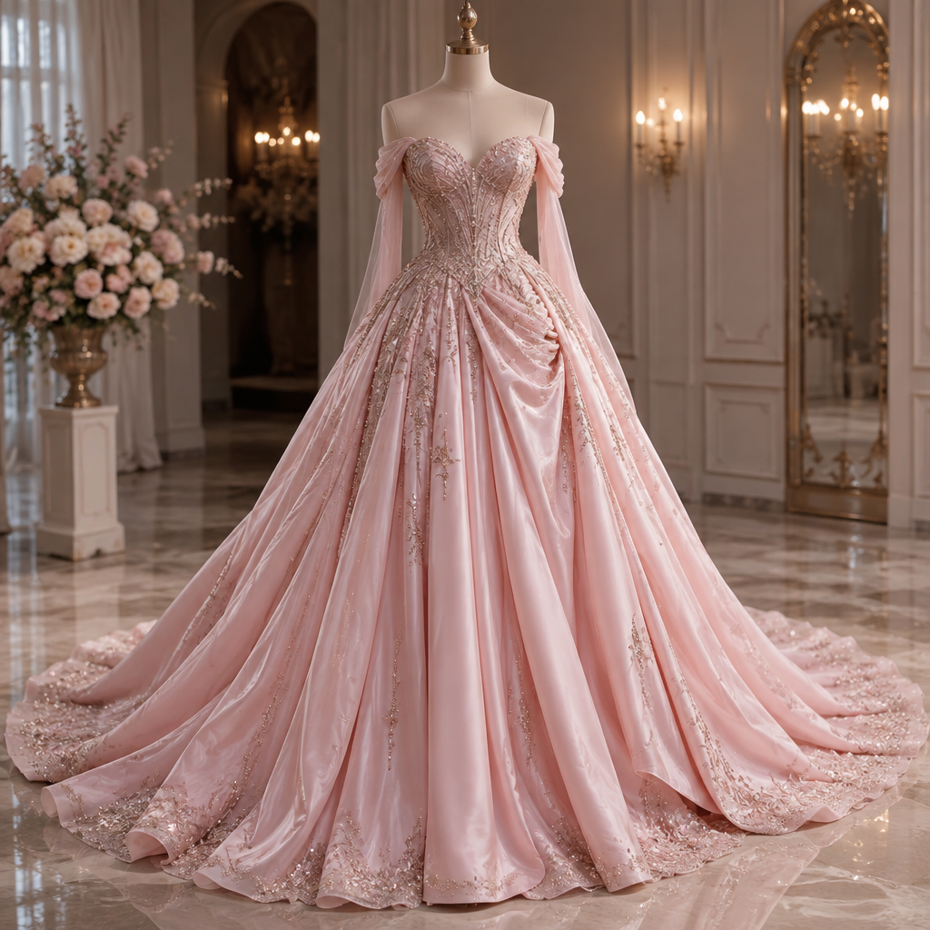 Design a beautiful, elegant baby pink evening gown. The dress should have a soft pastel pink color, a luxurious satin fabric, a fitted waist, and a long, flowing skirt. Add delicate sparkling crystals and elegant details to make it look glamorous and princess-like. The design should be feminine, classy, unique, and luxurious. Show the full dress with realistic fabric, beautiful lighting, and high-quality fashion design.
photorealistic fashion design, Design a beautiful, elegant baby pink evening gown. The dress should have a soft pastel pink color, a luxurious satin fabric, a fitted waist, and a long, flowing skirt. Add delicate sparkling crystals and elegant details to make it look glamorous and princess-like. The design should be feminine, classy, unique, and luxurious. Show the full dress with realistic fabric, beautiful lighting, and high-quality fashion design., just the design no text