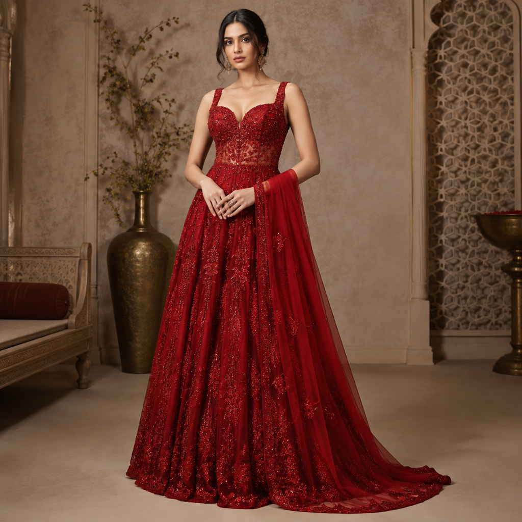create 1 red long gown with sexy neck line. India fashion aesthetics. Present it as professional fashion catalogue photography: the garment is the subject, shown full-length with editorial styling, neutral posing and tasteful, non-suggestive framing.
photorealistic fashion design, create 1 red long gown with sexy neck line. India fashion aesthetics. Present it as professional fashion catalogue photography: the garment is the subject, shown full-length with editorial styling, neutral posing and tasteful, non-suggestive framing., just the design no text