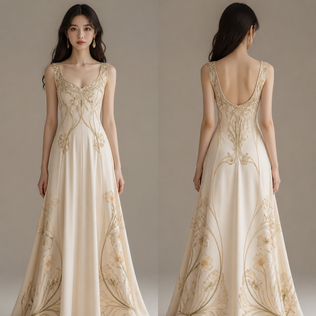 A Dress design, made of Cotton, suitable for Summer, in Glamorous + Quiet Luxury + Art Nouveau style. South Korea fashion aesthetics.
photorealistic fashion design, A Dress design, made of Cotton, suitable for Summer, in Glamorous + Quiet Luxury + Art Nouveau style. South Korea fashion aesthetics., glamorous style, just the design no text, show front and back