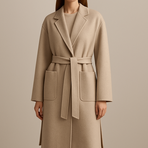 “A lightweight cashmere coat, falling slightly below the knees, in a soft neutral color. It features two large front pockets and two side slits above the knees for ease of movement. The coat has a belt at the waist, oversized shoulders for a relaxed fit, and long sleeves with simple cuffs. The closure is a clean, minimal design, perfect for layering over casual or formal outfits.”
