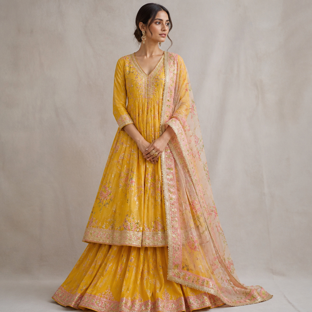 A Dress design. Consider Indian fashion aesthetics — consider saree, lehenga, salwar kameez, kurti, anarkali; local fabrics like chanderi, banarasi, chikankari, block prints; vibrant colors and rich embroidery. Current season is Summer in India.
photorealistic fashion design, A Dress design. Consider Indian fashion aesthetics — consider saree, lehenga, salwar kameez, kurti, anarkali; local fabrics like chanderi, banarasi, chikankari, block prints; vibrant colors and rich embroidery. Current season is Summer in India., just the design no text
