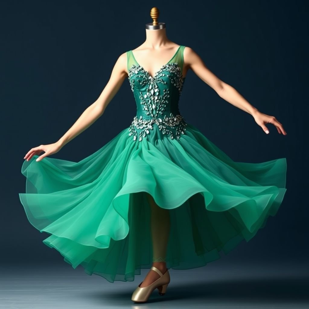 Green navy skating dress
Design a stunning green navy skating dress that flows elegantly with each movement, embodying the grace of ballet. The dress features a fitted bodice adorned with shimmering sequins and a cascading tulle skirt reminiscent of a pirouette. Accentuate with soft, satin ballet slippers, capturing the essence of rhythmic choreography in fashion.