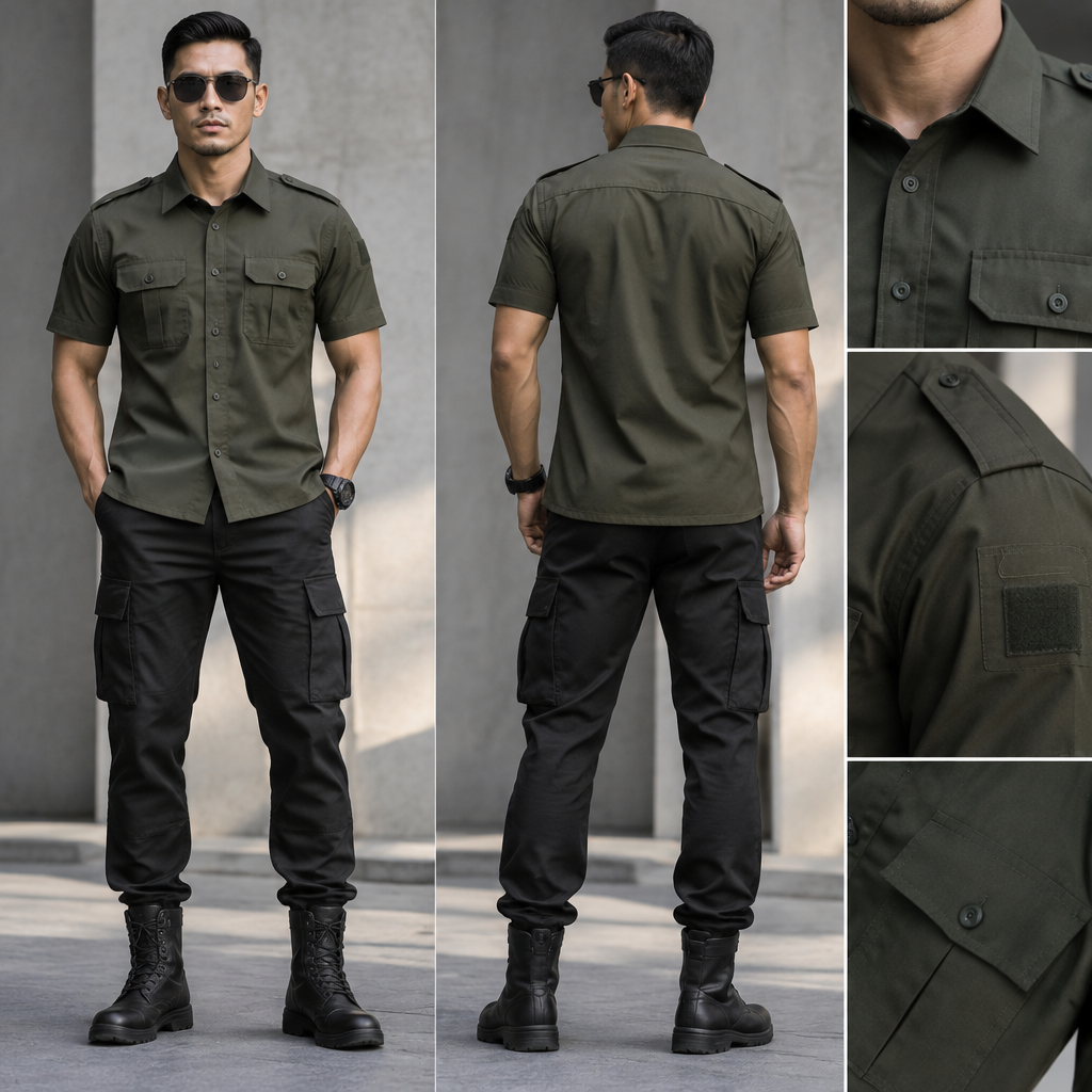 A Male Top design, made of Cotton, with a crisp, structured drape, with a Fitted silhouette, for Casual, suitable for Summer, suited to a Tropical climate, in Military + Formal style, shown on a model with brown skin and an athletic build. untuk tulisan belakang kemeja di buat lebih elegant, letak posisi tulisan PSP dan tulisan DKI JAKARTA agak di buat ke atas pundak. Indonesia fashion aesthetics. Present it as professional fashion catalogue photography: the garment is the subject, shown full-length with editorial styling, neutral posing and tasteful, non-suggestive framing.
photorealistic fashion design, A Male Top design, made of Cotton, with a crisp, structured drape, with a Fitted silhouette, for Casual, suitable for Summer, suited to a Tropical climate, in Military + Formal style, shown on a model with brown skin and an athletic build. untuk tulisan belakang kemeja di buat lebih elegant, letak posisi tulisan PSP dan tulisan DKI JAKARTA agak di buat ke atas pundak. Indonesia fashion aesthetics. Present it as professional fashion catalogue photography: the garment is the subject, shown full-length with editorial styling, neutral posing and tasteful, non-suggestive framing., military style, just the design no text