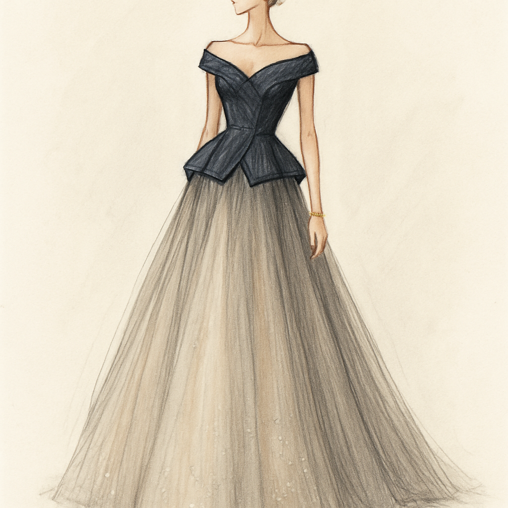 The image shows a fashion illustration of a woman wearing a dramatic, elegant gown. The look features a structured, dark bodice — almost like charcoal or deep navy — with a sculpted peplum waistline that accentuates the silhouette. The neckline is off-the-shoulder and slightly heart-shaped, giving the design a feminine, graceful feel.
From the waist down, the gown transitions into a long, flowing tulle skirt, rendered in soft beige and gray tones. The fabric is semi-sheer, and the skirt subtly widens toward the hem, giving the impression of light movement. There’s a touch of shimmer or subtle detailing on the lower part of the dress, suggesting delicate embroidery or sequins.
The woman’s pose is poised and elegant, standing tall and confident. Her hair is styled up, with visible gold jewelry — perhaps earrings or a bracelet — that complements the gown’s refined tone.
The background is simple and light, which keeps the focus on the design itself. Overall, the illustration feels modern yet timeless, with a soft balance between structure and fluidity.
The image shows a fashion illustration of a woman wearing a dramatic, elegant gown. The look features a structured, dark bodice — almost like charcoal or deep navy — with a sculpted peplum waistline that accentuates the silhouette. The neckline is off-the-shoulder and slightly heart-shaped, giving the design a feminine, graceful feel.
From the waist down, the gown transitions into a long, flowing tulle skirt, rendered in soft beige and gray tones. The fabric is semi-sheer, and the skirt subtly widens toward the hem, giving the impression of light movement. There’s a touch of shimmer or subtle detailing on the lower part of the dress, suggesting delicate embroidery or sequins.
The woman’s pose is poised and elegant, standing tall and confident. Her hair is styled up, with visible gold jewelry — perhaps earrings or a bracelet — that complements the gown’s refined tone.
The background is simple and light, which keeps the focus on the design itself. Overall, the illustration feels modern yet timeless, with a soft balance between structure and fluidity.