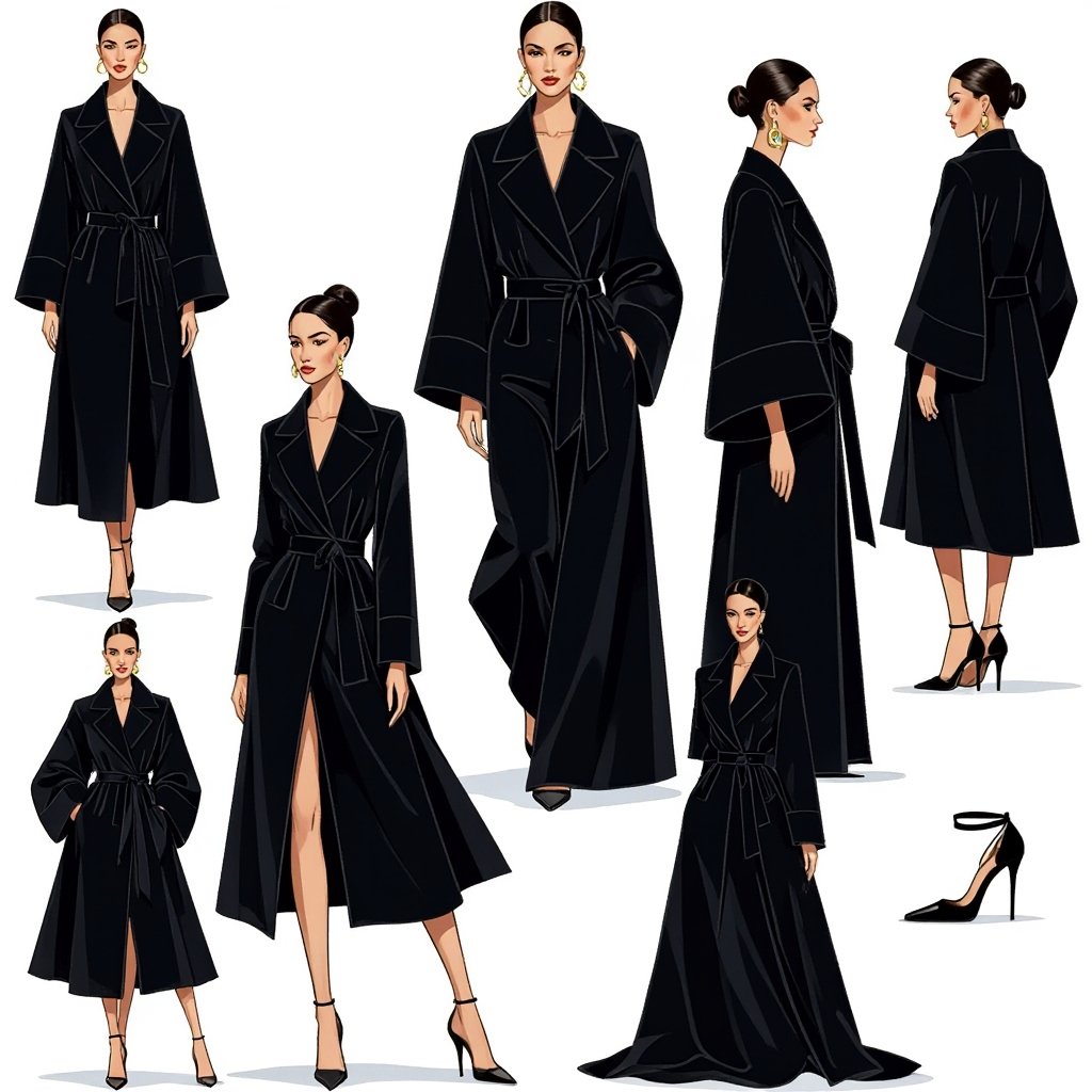 مانتو بلند
Flowing long manteau, tailored for an elegant silhouette, with a classic open front and wide sleeves.