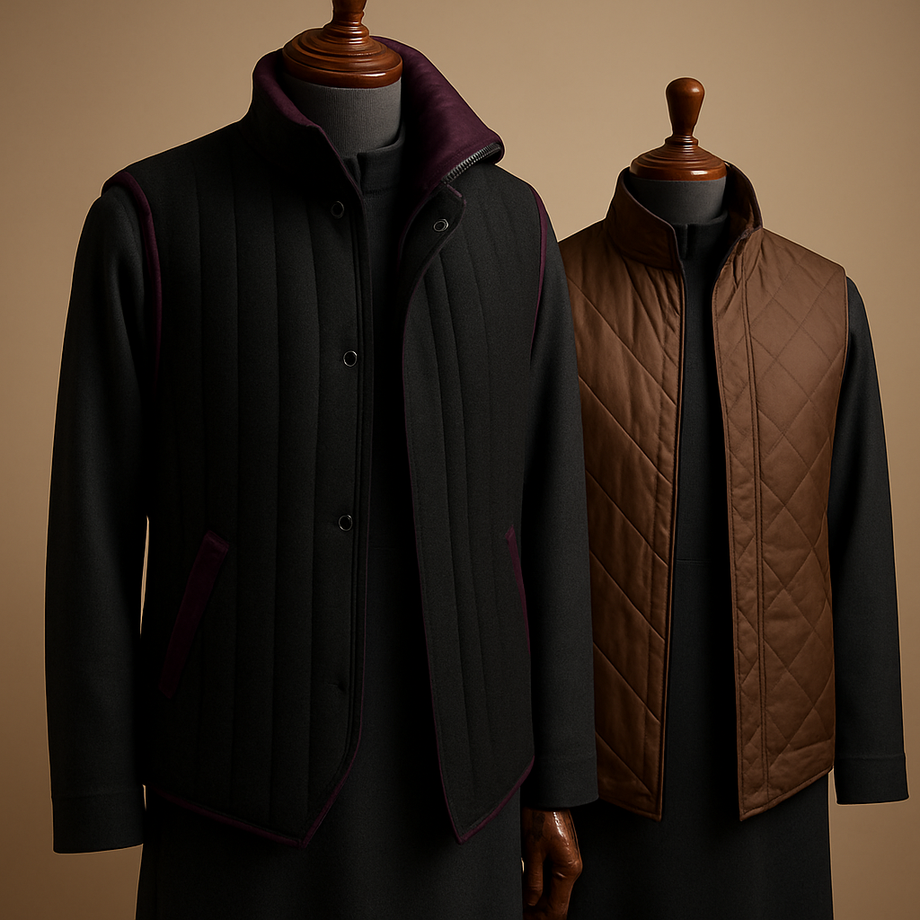 English prompt (photorealistic product shot):
"Photorealistic product shot of an original men's reversible quilted vest — clearly an original design, not a replica. One side: luxury matte black cashmere-felt with vertical channel quilting and deep plum purple accents (hex #4B1E5C) on piping and pocket trims; other side: textured water-repellent silk-nylon in warm brown (hex #6B4C3B) with subtle diagonal quilting and purple contrast panels. Features: detachable funnel collar lined in deep plum microfiber, concealed two‑way matte black zipper with off-center snap placket, asymmetrical hemline for a contemporary silhouette, and refined stitch detailing. Display the vest worn over a dark charcoal winter Saudi thobe (very dark gray) on an elegant polished wooden full-torso mannequin. Studio setup: soft directional key light from left, gentle rim light, warm neutral background, shallow depth of field, realistic fabric texture and stitching close-ups, luxury catalogue style, high resolution."
Negative / usage notes (add if using SDXL / Stable Diffusion / Midjourney):
"No brand logos, no text, no watermark, no exact replicas of existing products, avoid trademarked materials."
English prompt (photorealistic product shot):
"Photorealistic product shot of an original men's reversible quilted vest — clearly an original design, not a replica. One side: luxury matte black cashmere-felt with vertical channel quilting and deep plum purple accents (hex #4B1E5C) on piping and pocket trims; other side: textured water-repellent silk-nylon in warm brown (hex #6B4C3B) with subtle diagonal quilting and purple contrast panels. Features: detachable funnel collar lined in deep plum microfiber, concealed two‑way matte black zipper with off-center snap placket, asymmetrical hemline for a contemporary silhouette, and refined stitch detailing. Display the vest worn over a dark charcoal winter Saudi thobe (very dark gray) on an elegant polished wooden full-torso mannequin. Studio setup: soft directional key light from left, gentle rim light, warm neutral background, shallow depth of field, realistic fabric texture and stitching close-ups, luxury catalogue style, high resolution."
Negative / usage notes (add if using SDXL / Stable Diffusion / Midjourney):
"No brand logos, no text, no watermark, no exact replicas of existing products, avoid trademarked materials."
