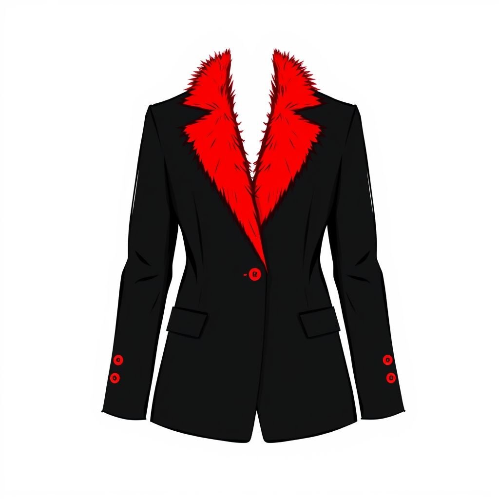 A black color jacket with big red fur lapels and red pockets but is small and has red pockets plus 4 red buttons on its sleeves
Design a minimalist black jacket, tailored with clean lines and a sleek silhouette. It features bold red fur lapels that make a striking statement and seamlessly integrates small red pockets. For added detail, incorporate four understated red buttons on the sleeves, enhancing simplicity while injecting vibrant contrast into the understated ensemble.