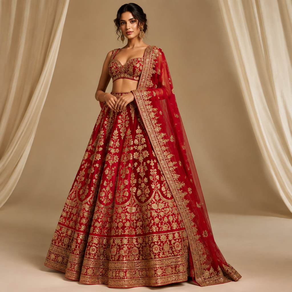 A Female Lehenga design, in Elegant style. quero um vestido vermelho com detalhes em ouro. Brazil fashion aesthetics. Present it as professional fashion catalogue photography: the garment is the subject, shown full-length with editorial styling, neutral posing and tasteful, non-suggestive framing.
photorealistic fashion design, A Female Lehenga design, in Elegant style. quero um vestido vermelho com detalhes em ouro. Brazil fashion aesthetics. Present it as professional fashion catalogue photography: the garment is the subject, shown full-length with editorial styling, neutral posing and tasteful, non-suggestive framing., elegant style, just the design no text
