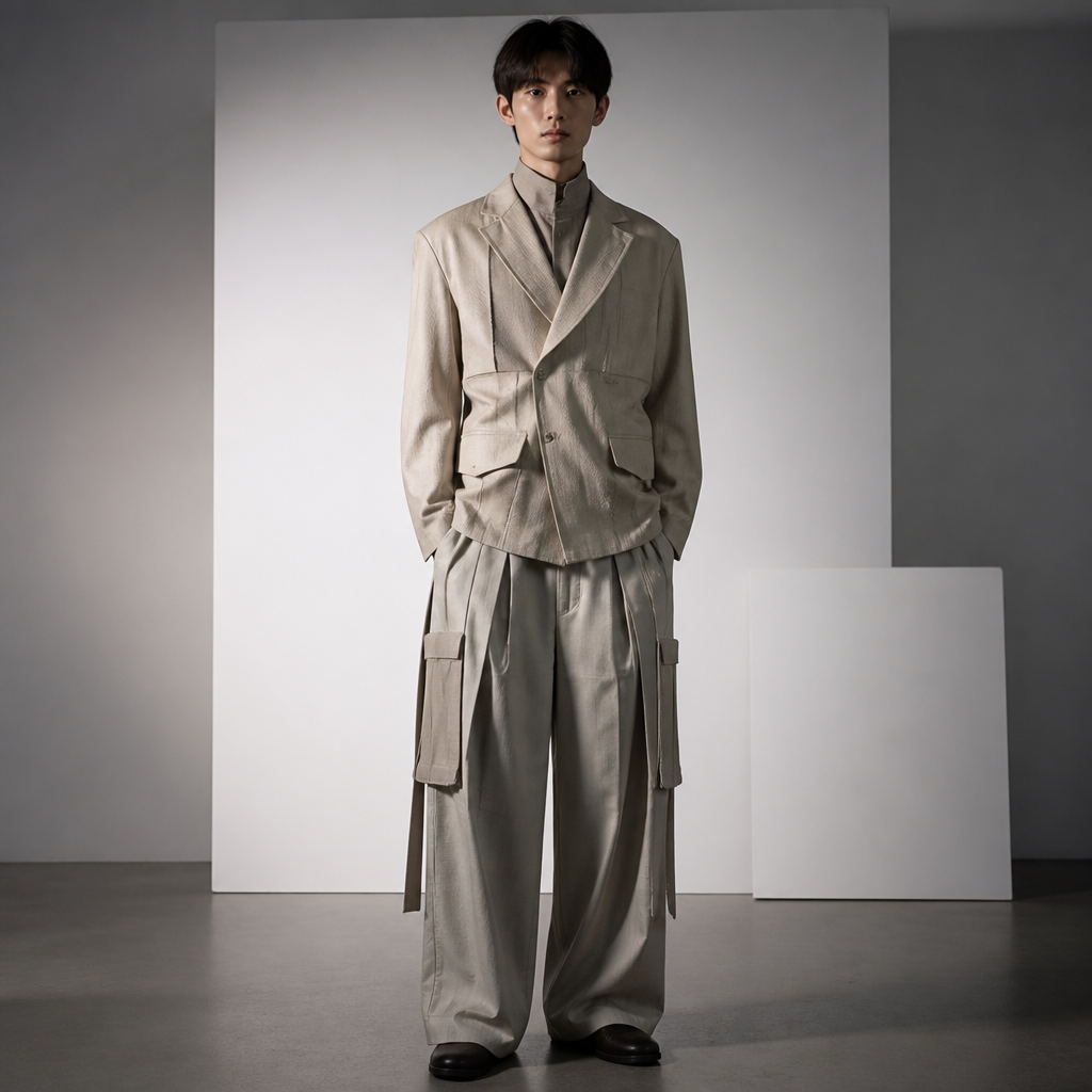A Male fashion design. UG fashion aesthetics. Present it as professional fashion catalogue photography: the garment is the subject, shown full-length with editorial styling, neutral posing and tasteful, non-suggestive framing.
photorealistic fashion design, A Male fashion design. UG fashion aesthetics. Present it as professional fashion catalogue photography: the garment is the subject, shown full-length with editorial styling, neutral posing and tasteful, non-suggestive framing., just the design no text